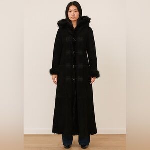 Vintage Ralph Lauren Black Shearling Fur Lamb Long Duffle Coat size Large